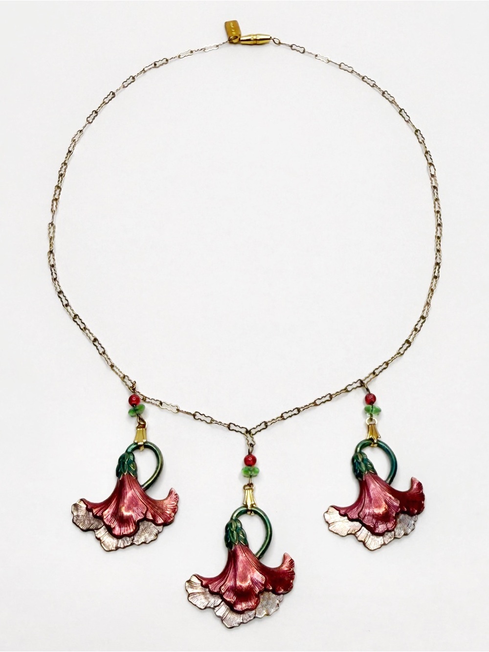 Vintage Gold Dust New York Three-Drop Bell Flower Necklace 16" 1970s Pink Enamel